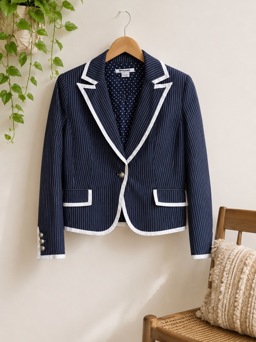 Nygard Collection Women's Navy Pinstripe Cropped‎ Blazer Sz 8 Quiet Luxury Corp